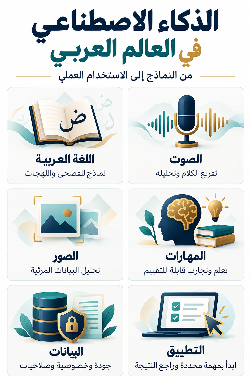 إنفوجرافيك يوضح اللغة والصوت والصور والمهارات والبيانات وخطوات التطبيق العملي