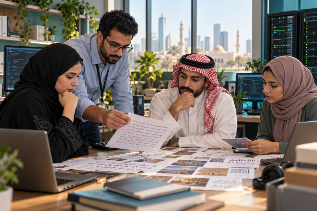 فريق من الباحثين العرب يراجع نماذج نصوص وبيانات داخل مكتب تقني