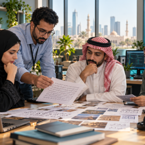 فريق من الباحثين العرب يراجع نماذج نصوص وبيانات داخل مكتب تقني