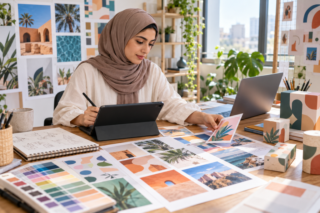 مصممة تعمل على جهاز لوحي وتراجع عينات منشورات ومطبوعات وتغليف على مكتبها
