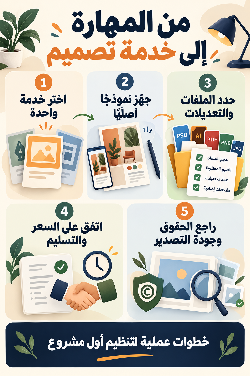خطوات اختيار الخدمة وإعداد النموذج وتحديد الملفات والسعر ومراجعة الحقوق والتصدير