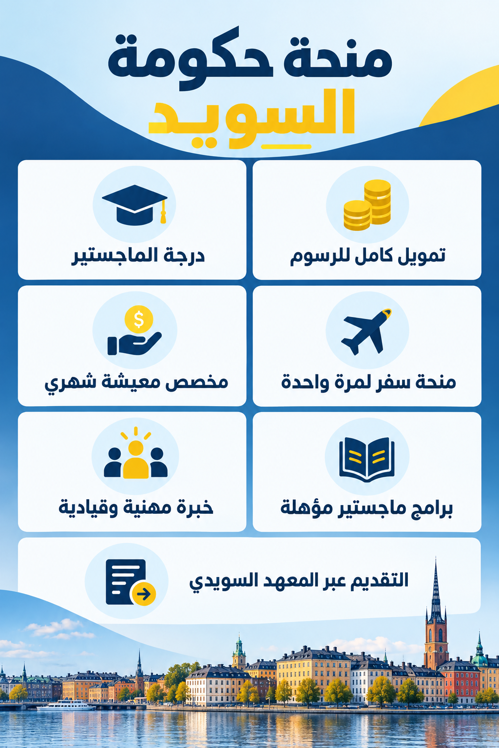 إنفوجرافيك عربي يوضح مزايا وشروط منحة حكومة السويد