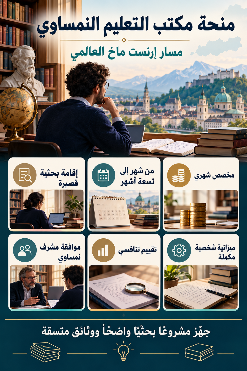 إنفوجرافيك يلخص مدة الإقامة البحثية والمخصص الشهري وموافقة المشرف والتقييم والتمويل الشخصي المكمل