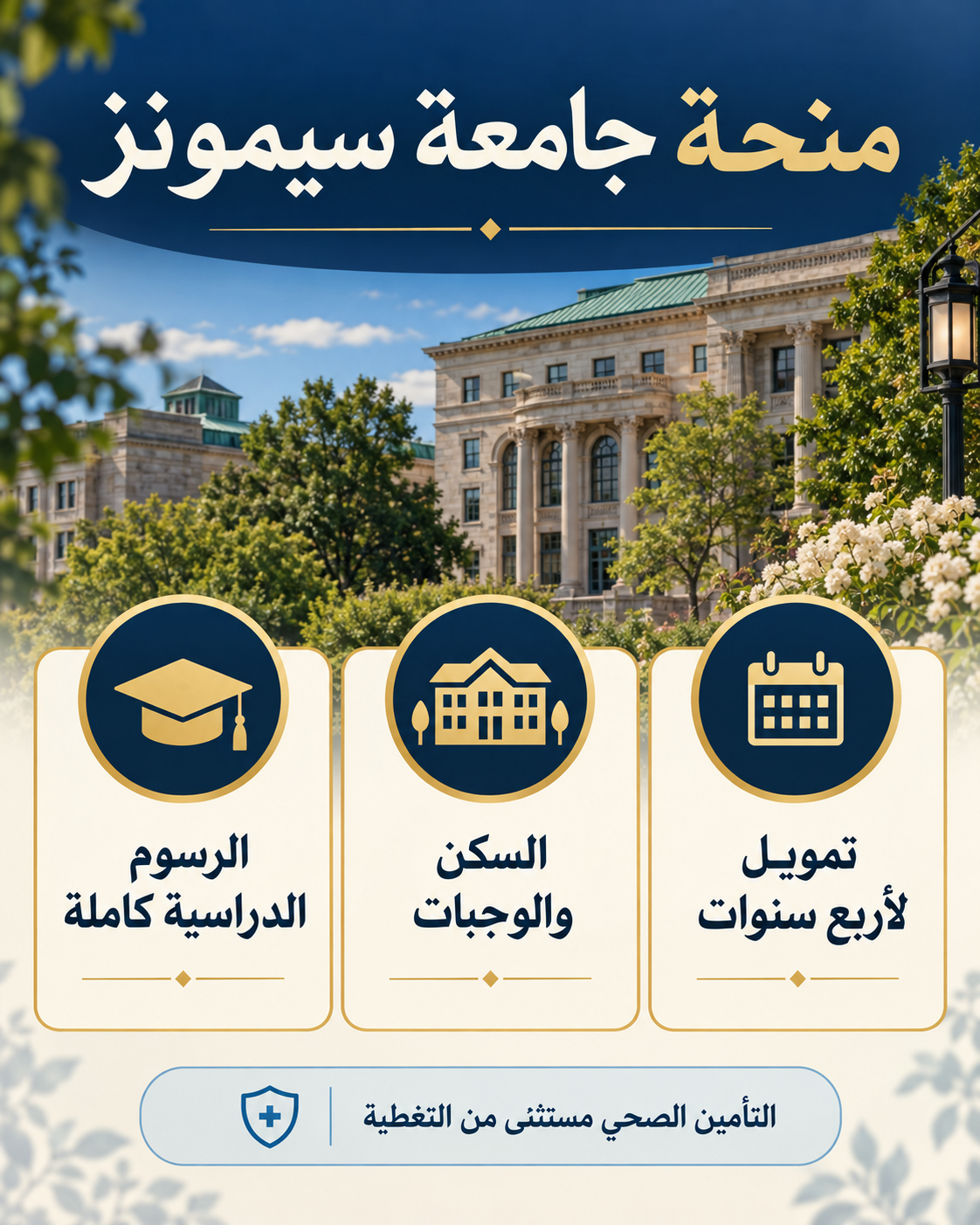 تمويل الرسوم والسكن والوجبات لأربع سنوات مع استثناء التأمين الصحي