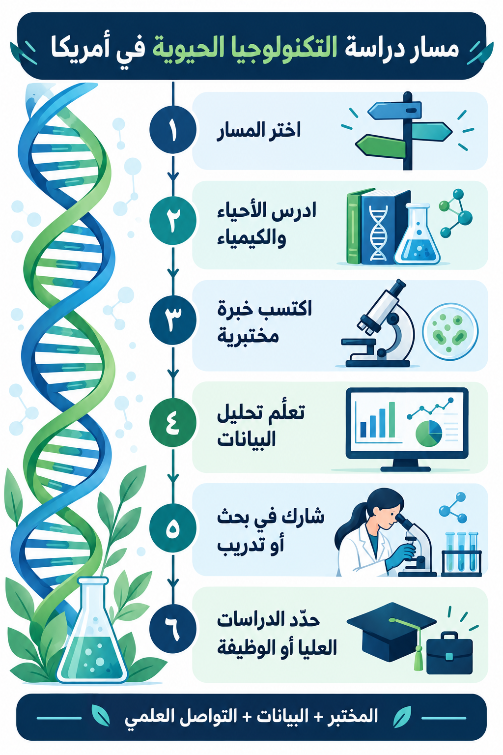 إنفوجرافيك عربي يوضح مسار دراسة التكنولوجيا الحيوية في أمريكا من اختيار التخصص إلى الوظيفة