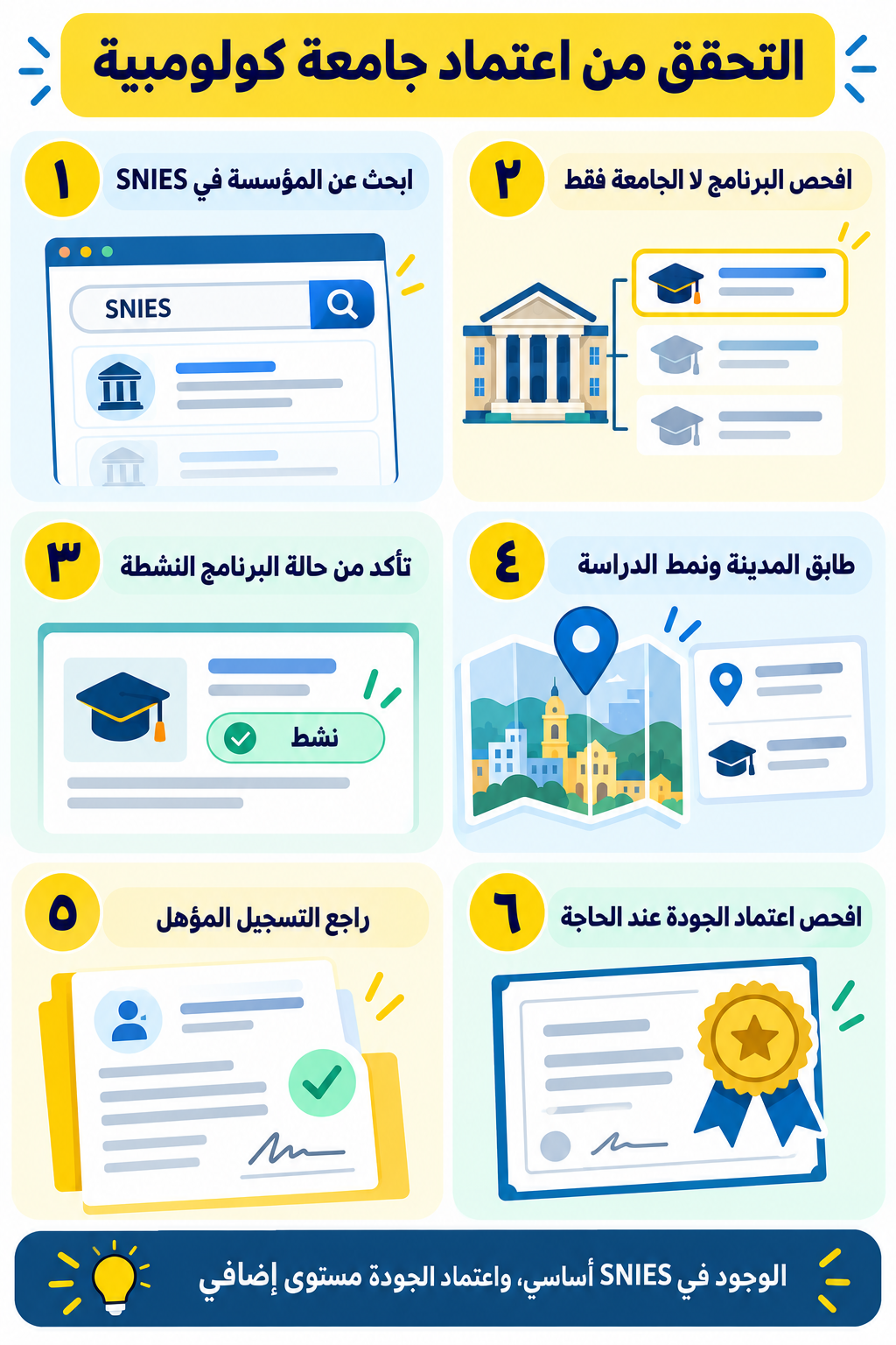 إنفوجرافيك عربي يوضح خطوات التحقق من اعتماد الجامعة والبرنامج في كولومبيا عبر SNIES