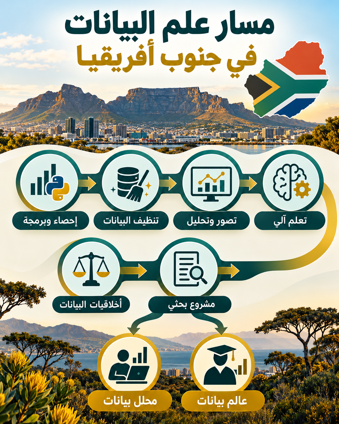 إنفوجرافيك عربي يوضح مسار دراسة علم البيانات والمهارات وفرص العمل