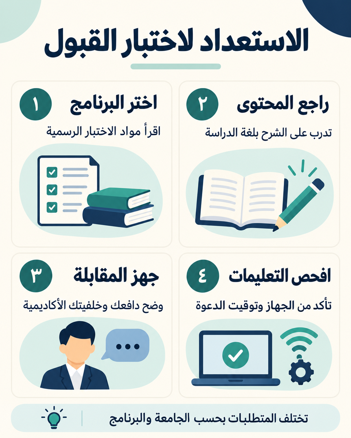أربع خطوات للتحضير: اختيار البرنامج ومراجعة المحتوى وتجهيز المقابلة وفحص التعليمات