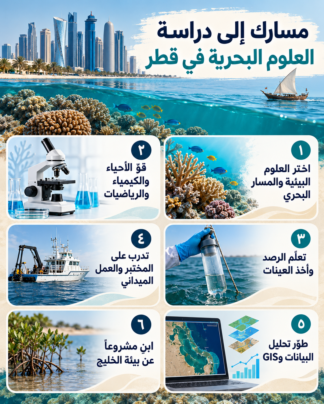 إنفوجرافيك عربي يوضح مسار دراسة العلوم البحرية في قطر من اختيار التخصص إلى المشروع التطبيقي