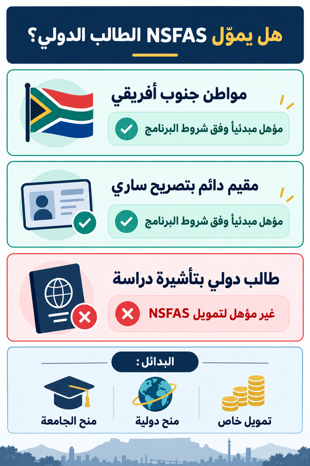 إنفوغرافيك يوضح أهلية المواطن والمقيم الدائم وعدم أهلية حامل تأشيرة الدراسة لتمويل NSFAS