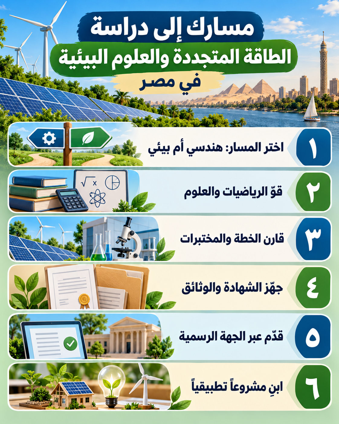 إنفوجرافيك يوضح خطوات اختيار مسار دراسة الطاقة المتجددة والعلوم البيئية في مصر