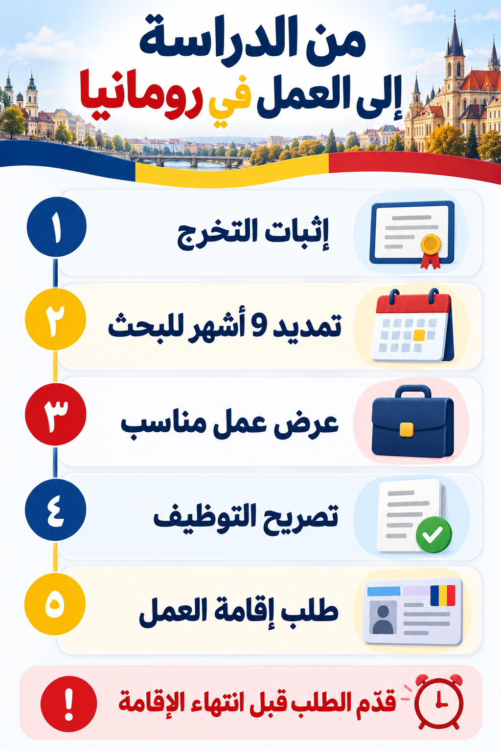إنفوغرافيك عربي يوضح خمس خطوات من إثبات التخرج إلى طلب إقامة العمل في رومانيا
