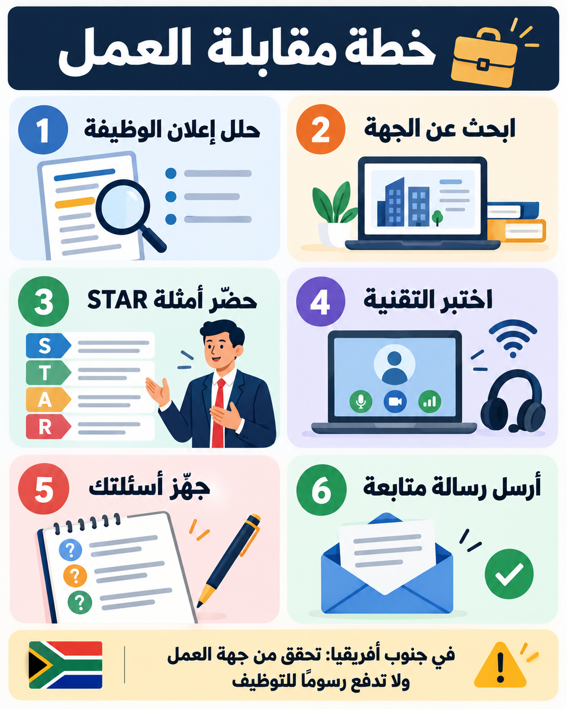 إنفوجرافيك عربي يوضح ست خطوات للتحضير لمقابلة العمل