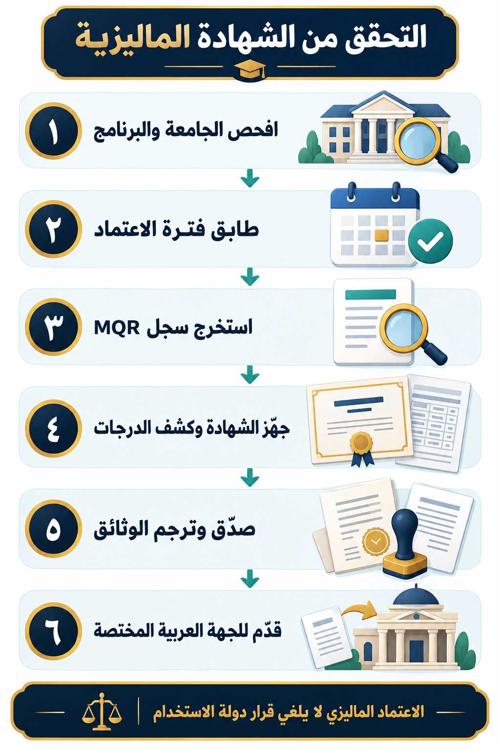 إنفوجرافيك عربي يوضح خطوات التحقق من اعتماد الشهادة الماليزية ومعادلتها عربياً