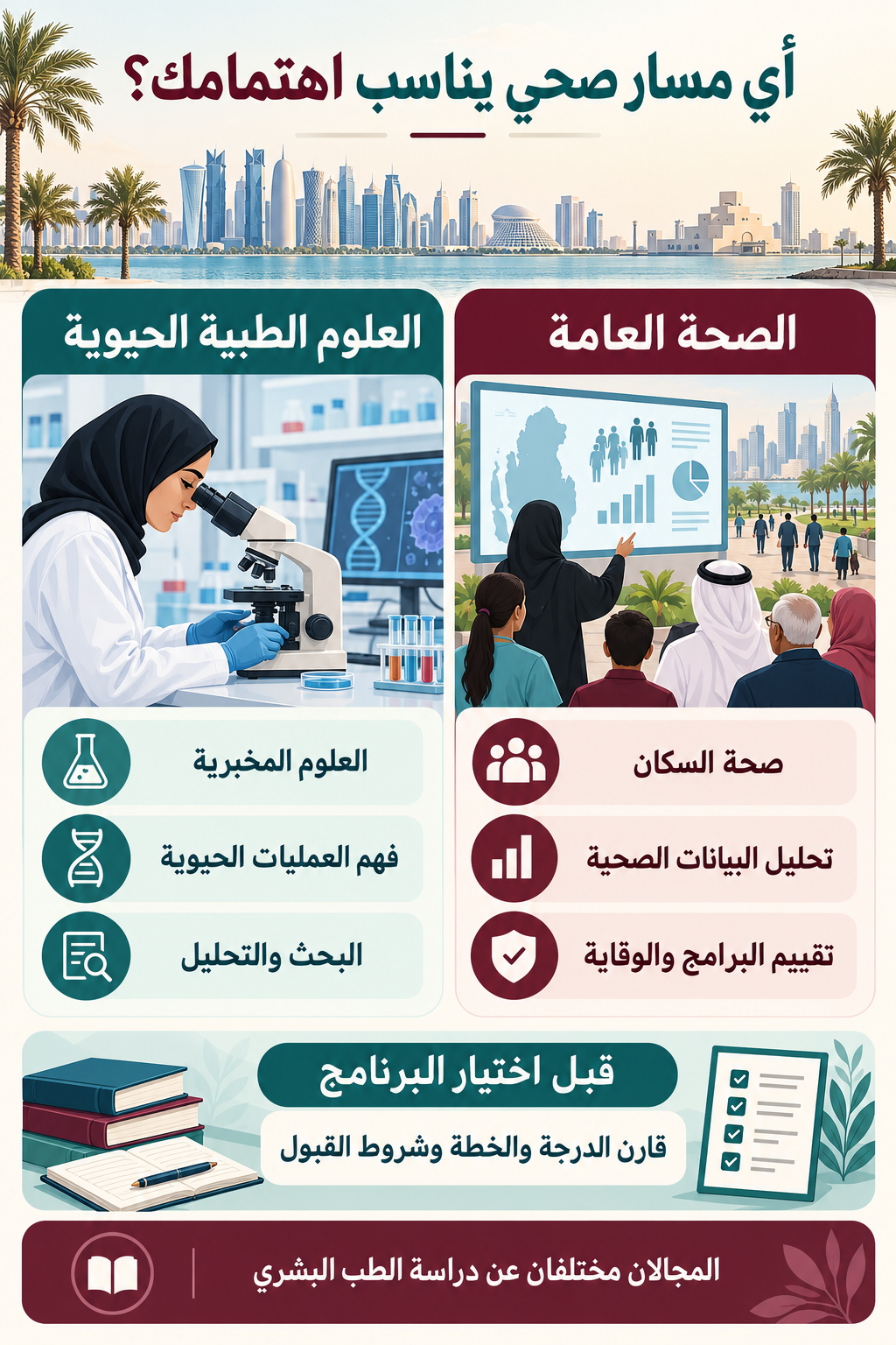 إنفوجرافيك عربي يقارن دراسة العلوم المخبرية والعمليات الحيوية بدراسة صحة السكان وتحليل البيانات وتقييم البرامج
