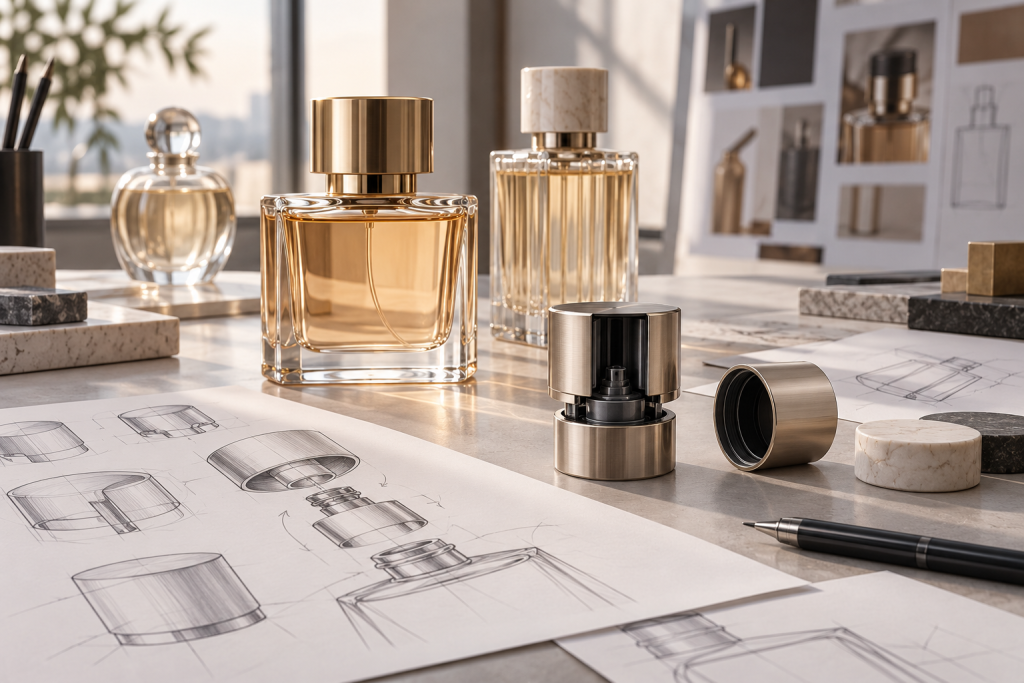 تصور توضيحي لأغطية عطور ورسومات تصميم صناعي