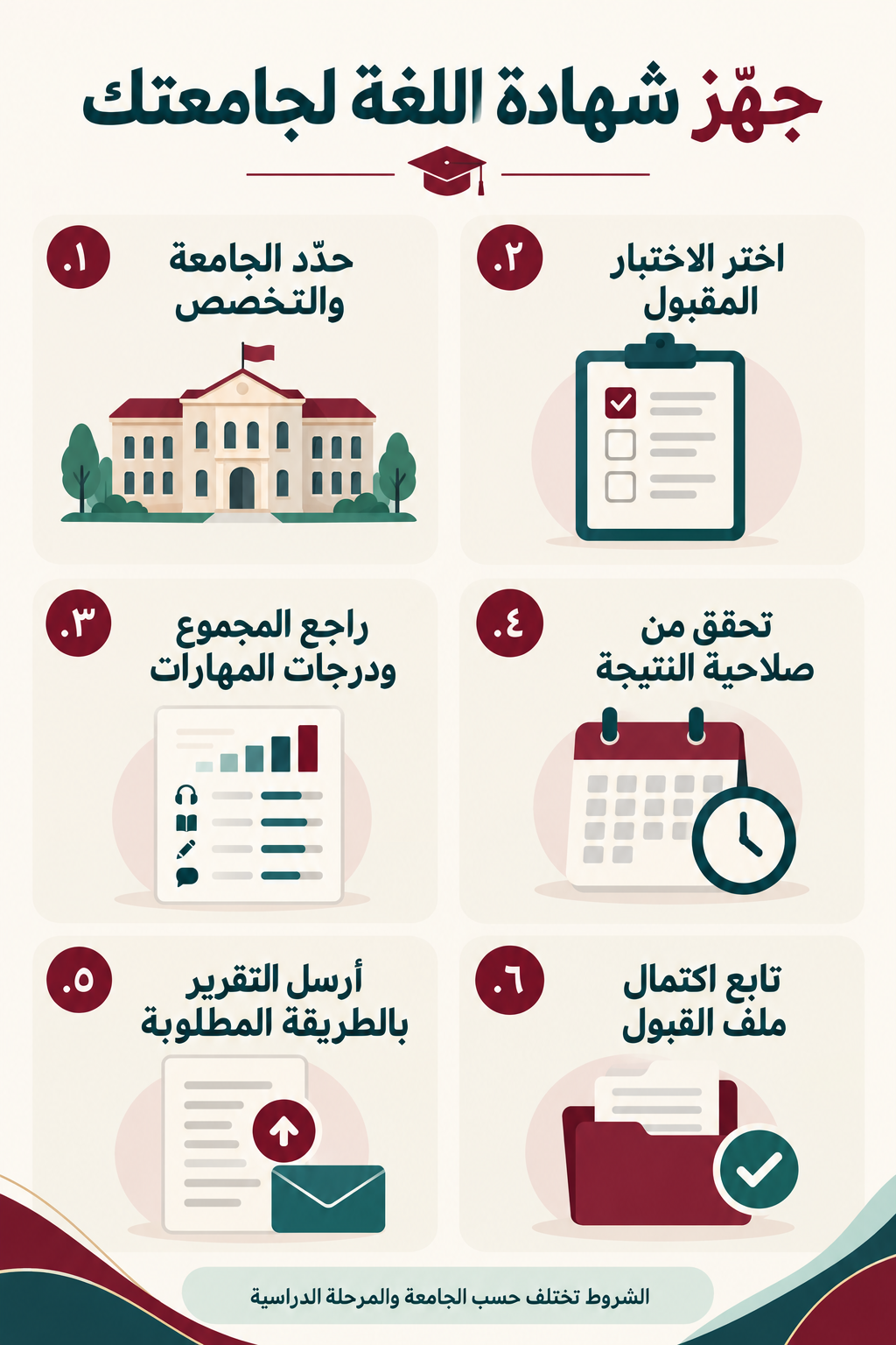 خطوات تجهيز شهادة اللغة: اختيار التخصص والاختبار ومراجعة الدرجات والصلاحية وإرسال التقرير ومتابعة اكتمال الملف