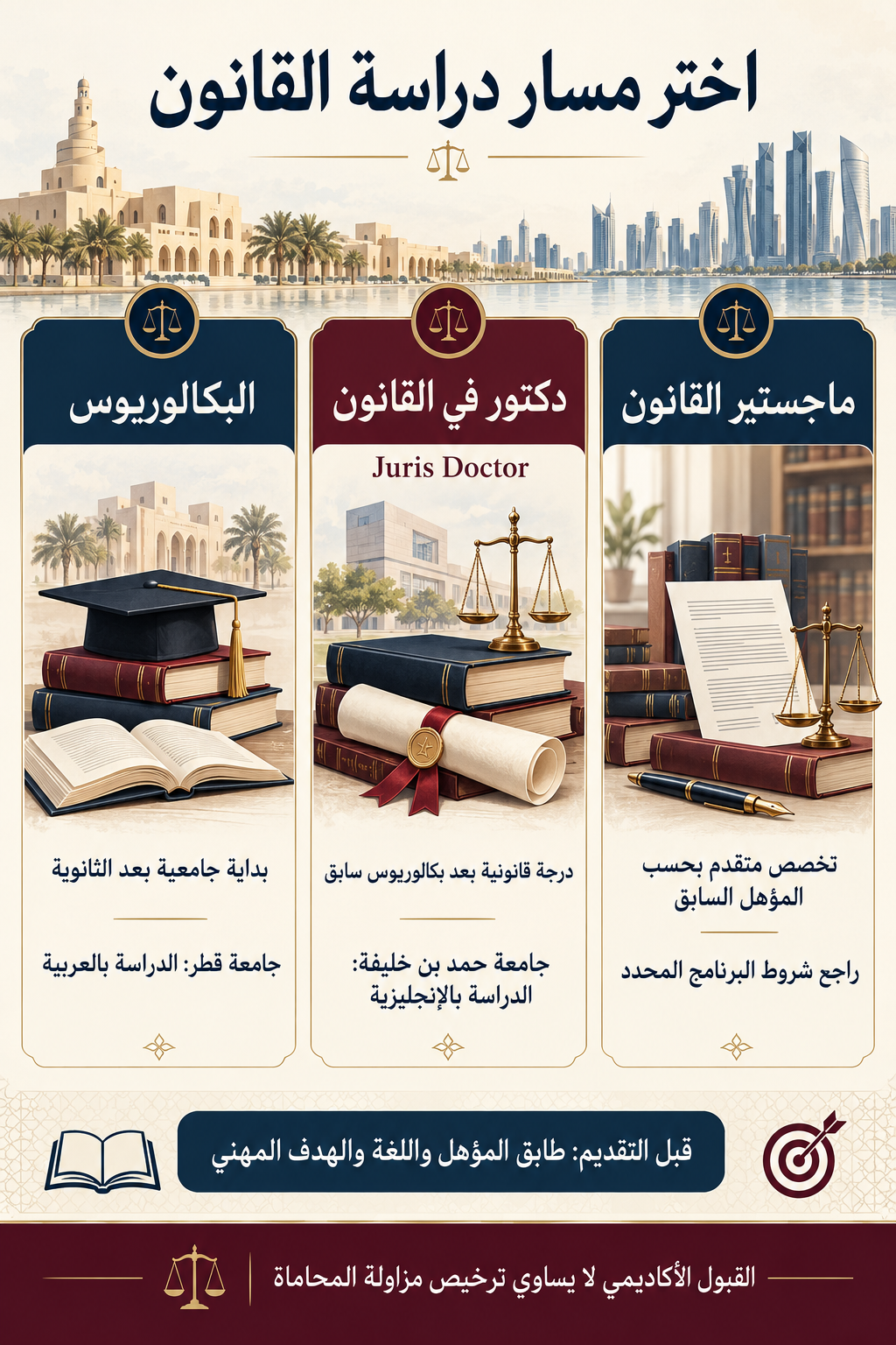 إنفوجرافيك عربي يشرح الفرق بين بكالوريوس القانون وJuris Doctor والماجستير مع ضرورة مطابقة المؤهل واللغة والهدف المهني