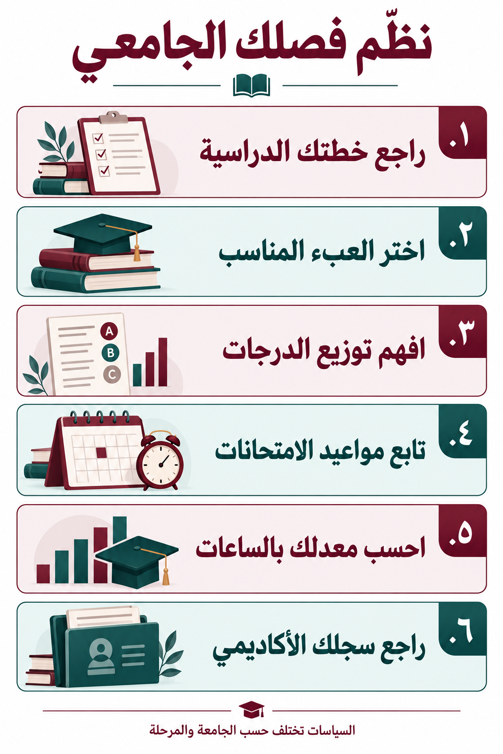 خطوات تنظيم الفصل: مراجعة الخطة والعبء الدراسي وتوزيع الدرجات ومواعيد الامتحانات وحساب المعدل ومراجعة السجل