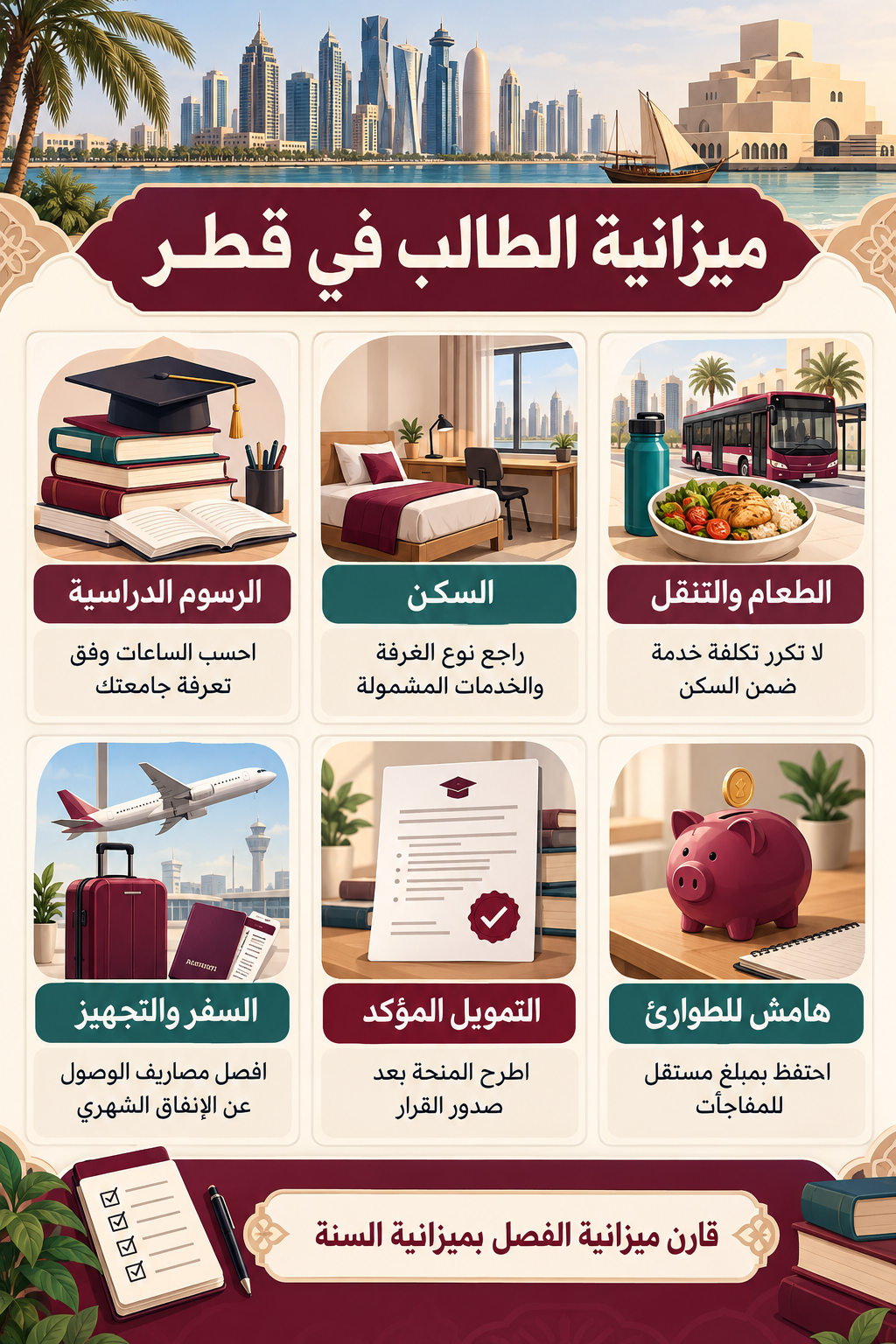 إنفوجرافيك عربي يوضح بنود ميزانية الطالب في قطر وكيفية فصل الرسوم والسكن والمعيشة والسفر والتمويل والطوارئ