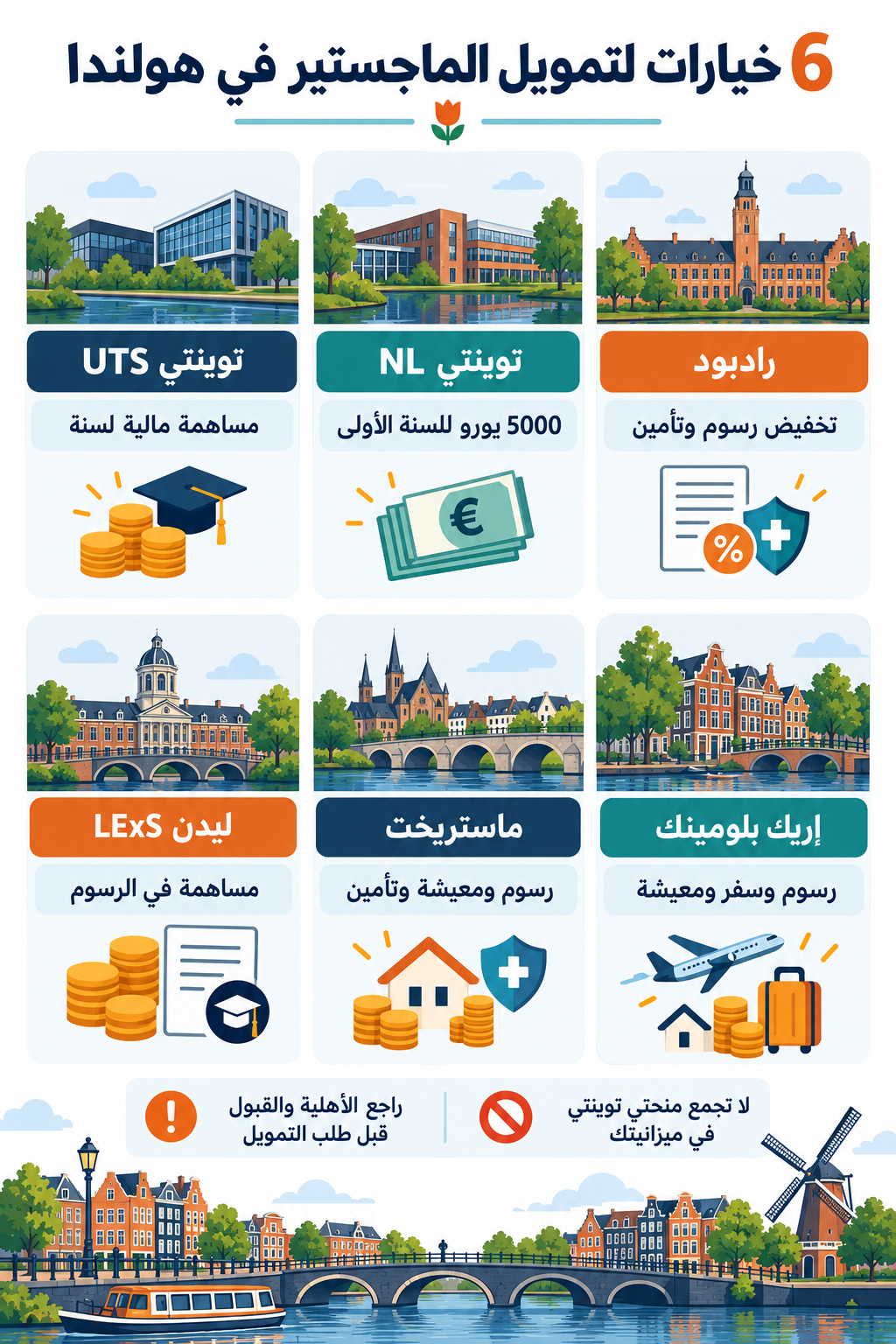 إنفوغراف يقارن ست فرص لتمويل الماجستير في هولندا ومزاياها الرئيسية
