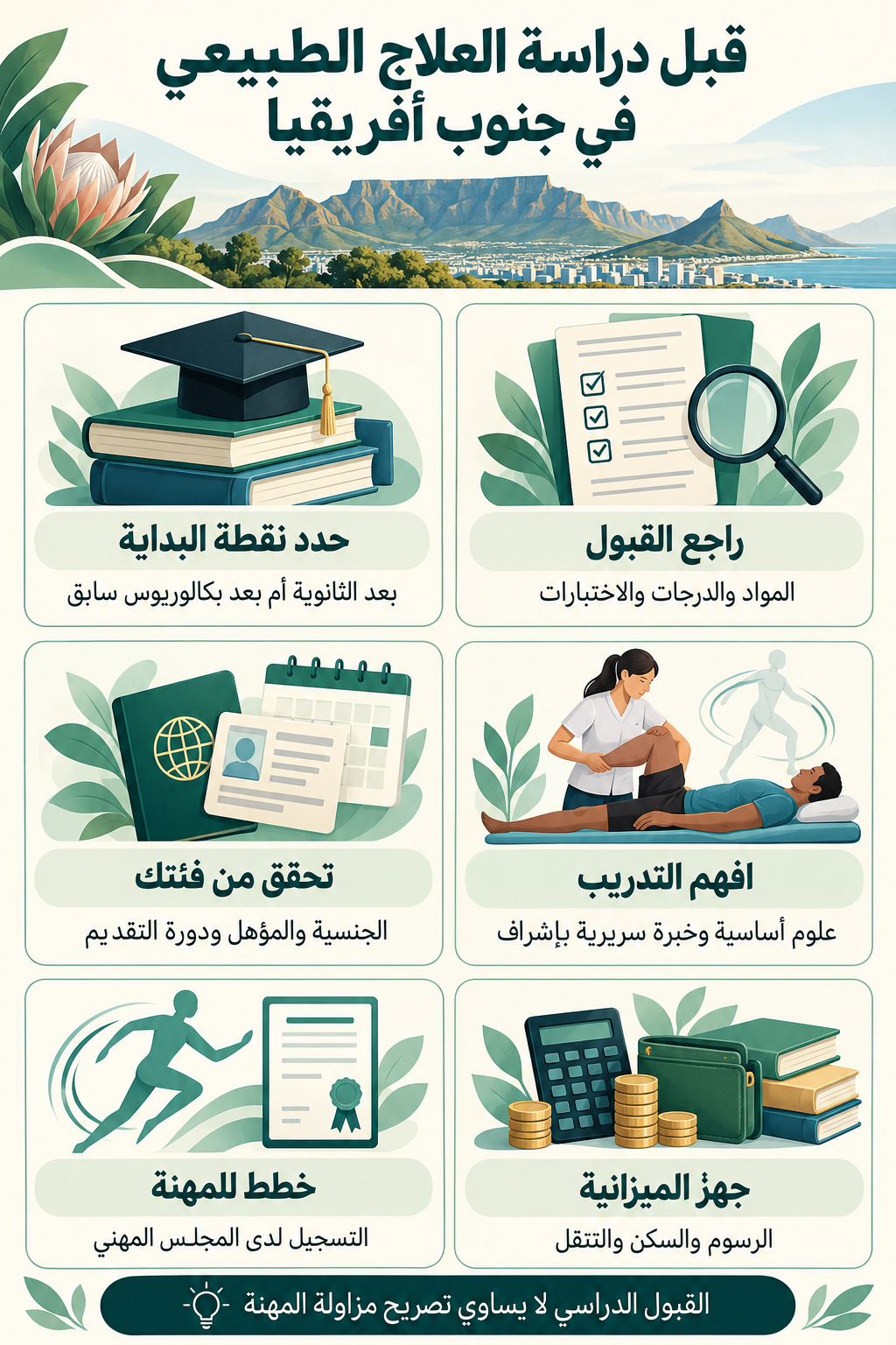 إنفوجرافيك عربي يوضح مراجعة نقطة الدخول والقبول وفئة المتقدم والتدريب والتسجيل المهني والميزانية قبل دراسة العلاج الطبيعي