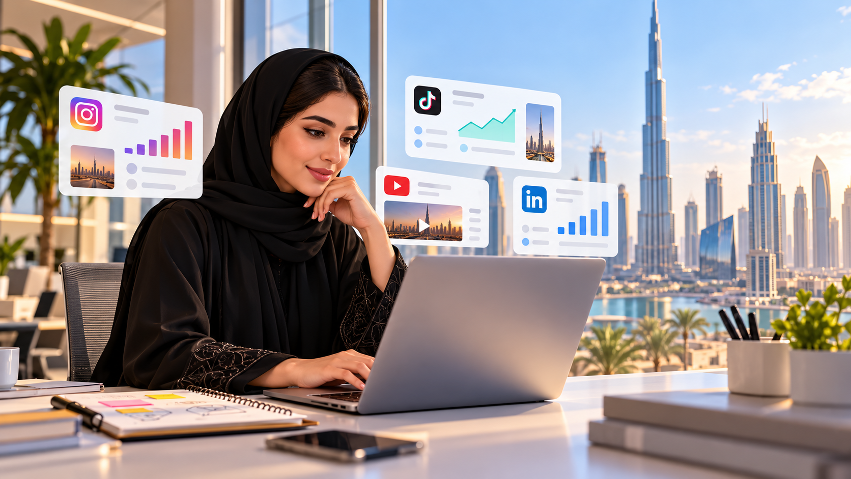 متدربة تسويق رقمي تخطط لحملة تواصل اجتماعي في مكتب بدبي